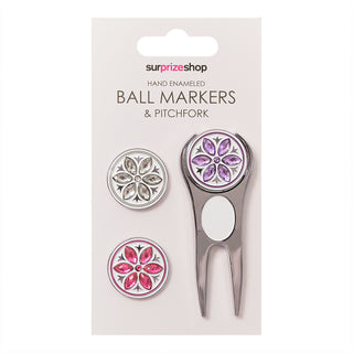 Surprizeshop Crystal Flower Golf Ball Markers and Pitchfork Pack