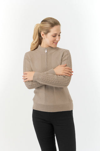 Pure Golf Sorrell Cable Knit Lined Quarter Zip Jumper - Cappuccino