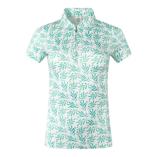 The Pure Golf front product shot showcases the Amity short sleeve ladies golf polo shirt in Floating Palms White, boasting a striking all-over botanical print in our Ocean Colour on a crisp white background. This regular-fit polo shirt offers a 4-way stretch for comfort and a flattering fit on all body types. With its traditional collar, it delivers a classic look. The shirt is designed to be anti-crease, anti-static, and quick-drying, with UPF 50+, 95% Polyester and 5% Spandex. 