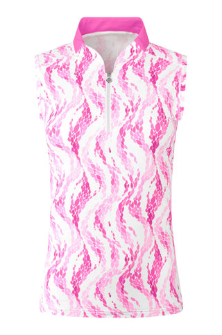 The Pure Golf Felicity product shot of the sleeveless ladies golf polo shirt with layers of gentle pink feathers in a delicate print. A regular fit with 4-way stretch ensuring it is comfortable and flattering for all body types. It boasts a sweetheart collar for a stylish look. The polo shirt is anti-crease, anti-static and quick dry with UPF 50+ which is and is 95% Polyester and 5% Spandex.