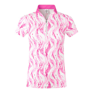 The Pure Golf Felicity short-sleeve ladies' polo shirt product shot features a front view showcasing delicate layers of pink and white feathers. Designed with a regular fit, it offers a 4-way stretch for comfort and a flattering shape on all body types. The stylish sweetheart collar adds a fashionable touch. This polo is made from 95% Polyester and 5% Spandex, offering anti-crease, anti-static, and quick-dry properties, along with UPF 50+ sun protection.