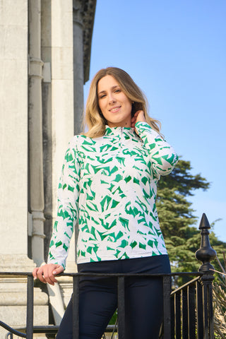 Serenity Long Sleeve Ladies Golf Zip Top - Wild Peony Emerald