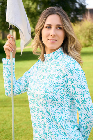Long Sleeve Ladies Golf Zip Top - Floating Palms White