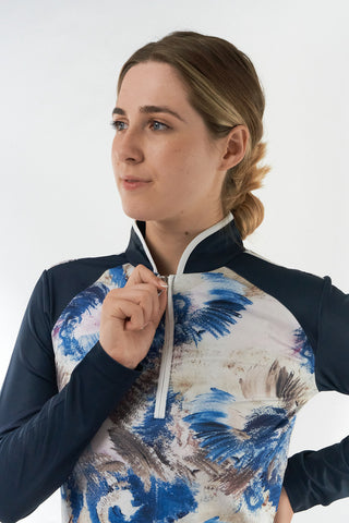Pure Golf Sienna Long Sleeve Zip Neck Top - Stone Canvas Collection - Navy