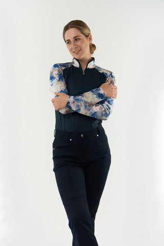 Pure Golf Hazel Long Sleeve Zip Neck Top - Stone Canvas Collection - Navy