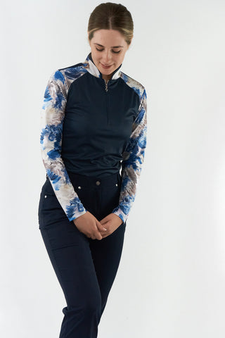 Pure Golf Hazel Long Sleeve Zip Neck Top - Stone Canvas Collection - Navy