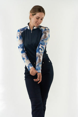Pure Golf Hazel Long Sleeve Zip Neck Top - Stone Canvas Collection - Navy
