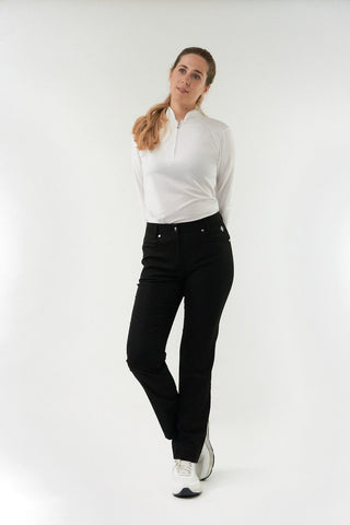 Black ladies golf trousers made from flexible lightweight 4 way stretch material.  Featuring a zip and button fastening with five belt loops, a regular fit with anti-crease and anti-static properties. These women's golf trousers have two open pockets to the front and back. Size 8 to 20.