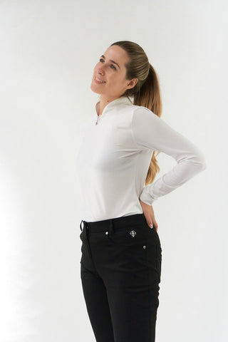 Black ladies golf trousers made from flexible lightweight 4 way stretch material.  Featuring a zip and button fastening with five belt loops, a regular fit with anti-crease and anti-static properties. These women's golf trousers have two open pockets to the front and back. Size 8 to 20.