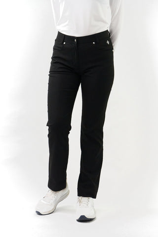 Black ladies golf trousers made from flexible lightweight 4 way stretch material.  Featuring a zip and button fastening with five belt loops, a regular fit with anti-crease and anti-static properties. These women's golf trousers have two open pockets to the front and back. Size 8 to 20.