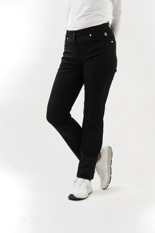 Black ladies golf trousers made from flexible lightweight 4 way stretch material.  Featuring a zip and button fastening with five belt loops, a regular fit with anti-crease and anti-static properties. These women's golf trousers have two open pockets to the front and back. Size 8 to 20.