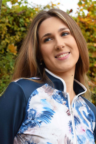 Pure Golf Sienna Long Sleeve Zip Neck Top - Stone Canvas Collection - Navy