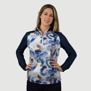 Pure Golf Sienna Long Sleeve Zip Neck Top - Stone Canvas Collection - Navy