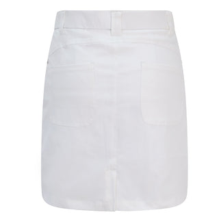 Traditional style lightweight White Skort made in a four-way stretch polyester fabric. The skort has a small slit at the back, two front pockets and a zipper with button fastening. The buttons are etched with the Pure Golf logo, which also features on the two back pockets in very subtle stitching for an overall stylish effect. They come with matching attached undershorts.