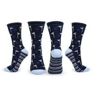 Ladies 3 pair pack in Navy, Grey and Black crew golf socks have a trendy golf flag design with lurex stripe detailing on the sole. Made from a soft, stretchy cotton blend fabric allowing breathability, with a cushioned sole, compression fit and Rib cuff for a snug fit. They are suited to UK sizes between 4 and 7. 85% Cotton, 13% Polyester, 2% Elastane.