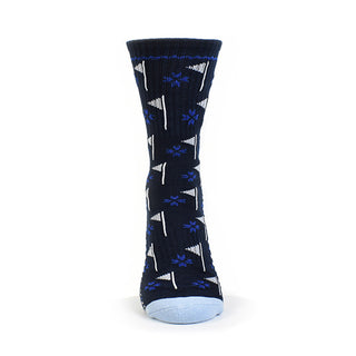 Ladies Navy Golf Crew Sock has a trendy golf flag design with lurex stripe detailing on the sole. Made from a soft, stretchy cotton blend fabric allowing breathability, with a cushioned sole, compression fit and Rib cuff for a snug fit. They are suited to UK sizes between 4 and 7. 85% Cotton, 13% Polyester, 2% Elastane.