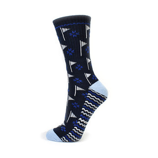Ladies Navy Golf Crew Sock has a trendy golf flag design with lurex stripe detailing on the sole. Made from a soft, stretchy cotton blend fabric allowing breathability, with a cushioned sole, compression fit and Rib cuff for a snug fit. They are suited to UK sizes between 4 and 7. 85% Cotton, 13% Polyester, 2% Elastane.