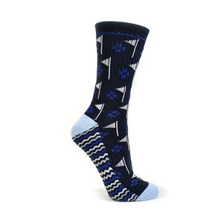 Ladies Navy Golf Crew Sock has a trendy golf flag design with lurex stripe detailing on the sole. Made from a soft, stretchy cotton blend fabric allowing breathability, with a cushioned sole, compression fit and Rib cuff for a snug fit. They are suited to UK sizes between 4 and 7. 85% Cotton, 13% Polyester, 2% Elastane.
