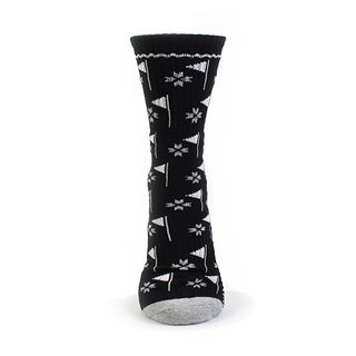 Ladies Black Crew Golf Sock has a trendy golf flag design with lurex stripe detailing on the sole. Made from a soft, stretchy cotton blend fabric allowing breathability, with a cushioned sole, compression fit and Rib cuff for a snug fit. They are suited to UK sizes between 4 and 7. 85% Cotton, 13% Polyester, 2% Elastane.