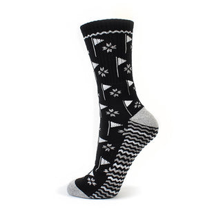 Ladies Black Crew Golf Sock has a trendy golf flag design with lurex stripe detailing on the sole. Made from a soft, stretchy cotton blend fabric allowing breathability, with a cushioned sole, compression fit and Rib cuff for a snug fit. They are suited to UK sizes between 4 and 7. 85% Cotton, 13% Polyester, 2% Elastane.