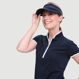 Navy telephone wire crystal ladies golf visor constructed with quick-drying fabrics. The visor comes in a one size fits all. It also features a concealed magnet  in the strong curved peak with a hand enameled lace effect flower shaped golf ball marker. The headband features a soft lined absorbent towel and is crystal-adorned. 