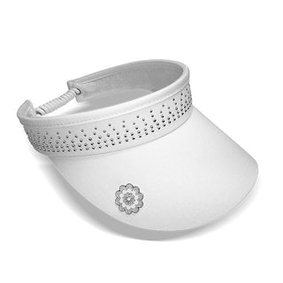 White telephone wire ladies golf visor constructed with quick-drying fabrics. The visor comes in a one size fits all. It also features a concealed magnet  in the strong curved peak with a hand enamelled lace effect flower shaped golf ball marker. The headband features a soft lined absorbent towel and is crystal-adorned. 